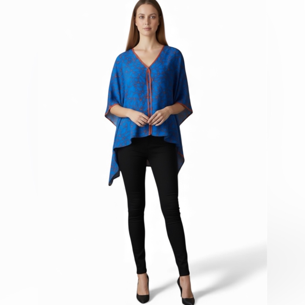 Tina Knowles Blue & Orange Print Kaftan Top With V-Neck And Kimono Sleeve
